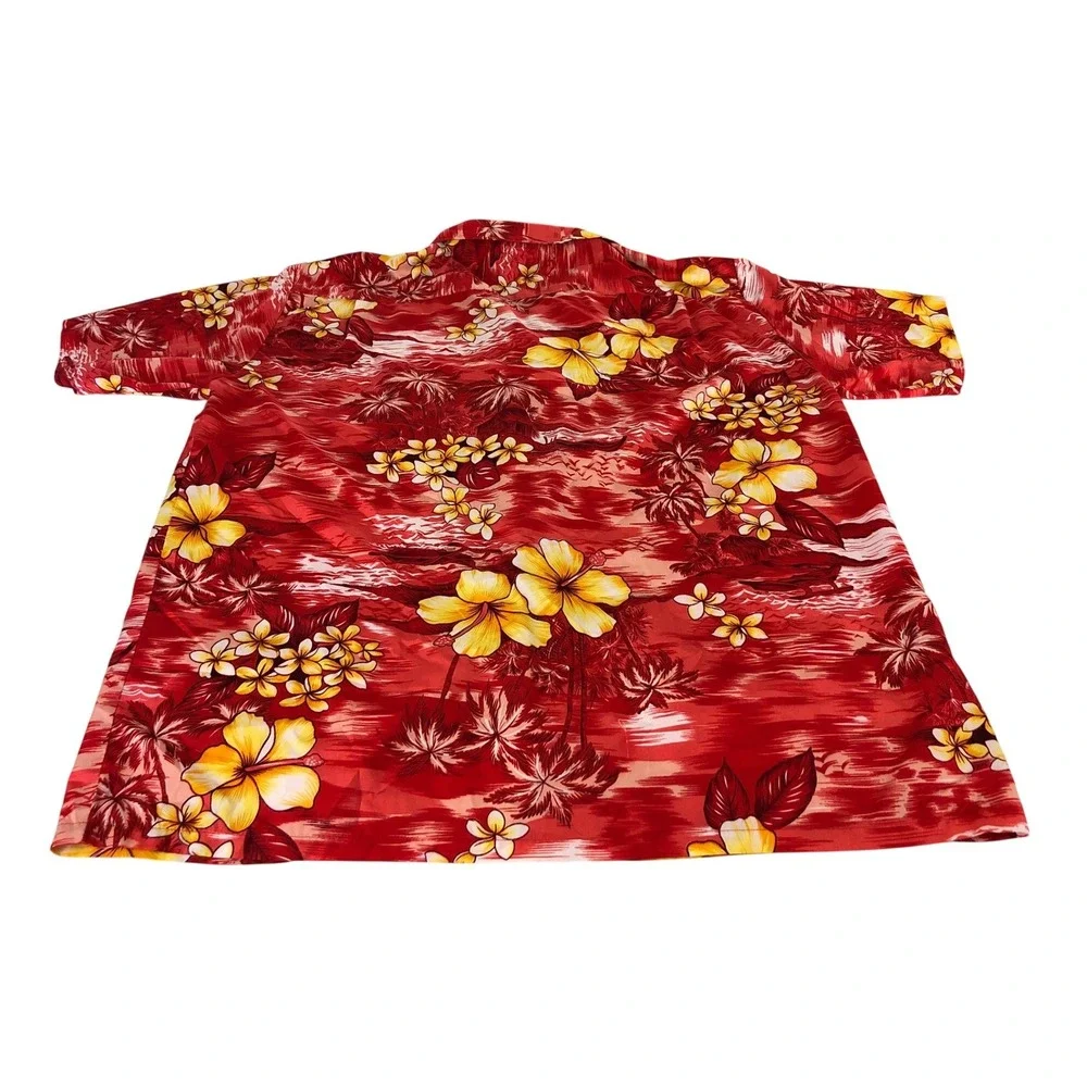 Trading Maui Company Mens Red Tropical Hibiscus Palm Tree Hawaiian Shirt‎ XL Vtg